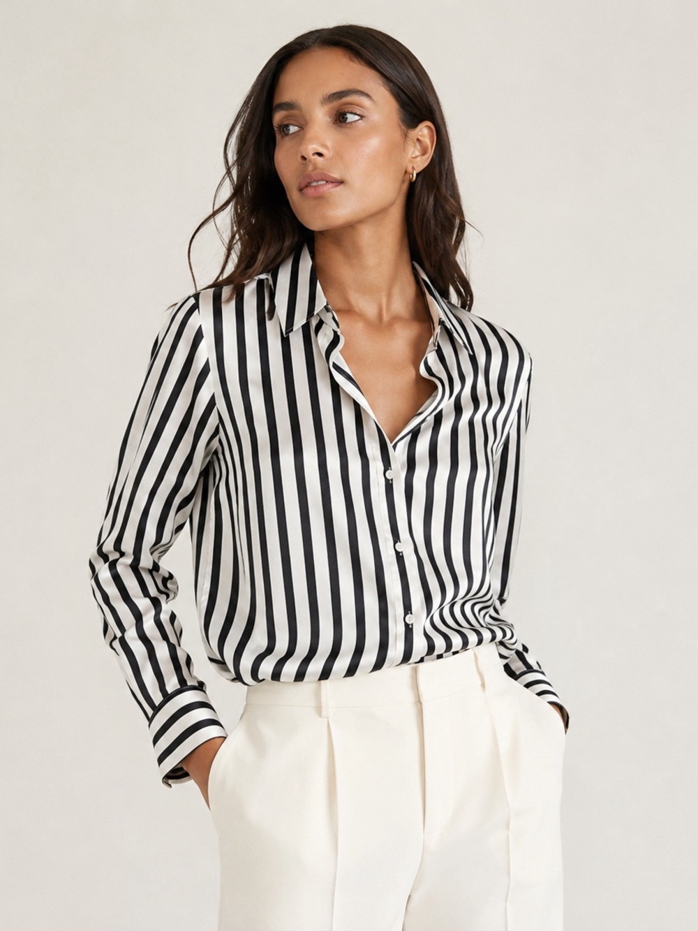 Suzy Shier Woman Black Satin Striped Relax Button Down Shirt MEDIUM Classic
